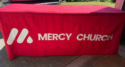 Custom 6’ Two-Sided Table Cover – Mercy Church Branded Event Tablecloth | Full Color Display