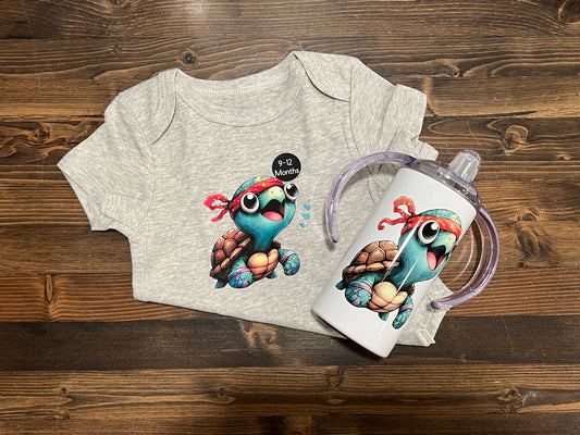 Adorable Turtle 6-9 Month Onesie and Sippy Cup Set