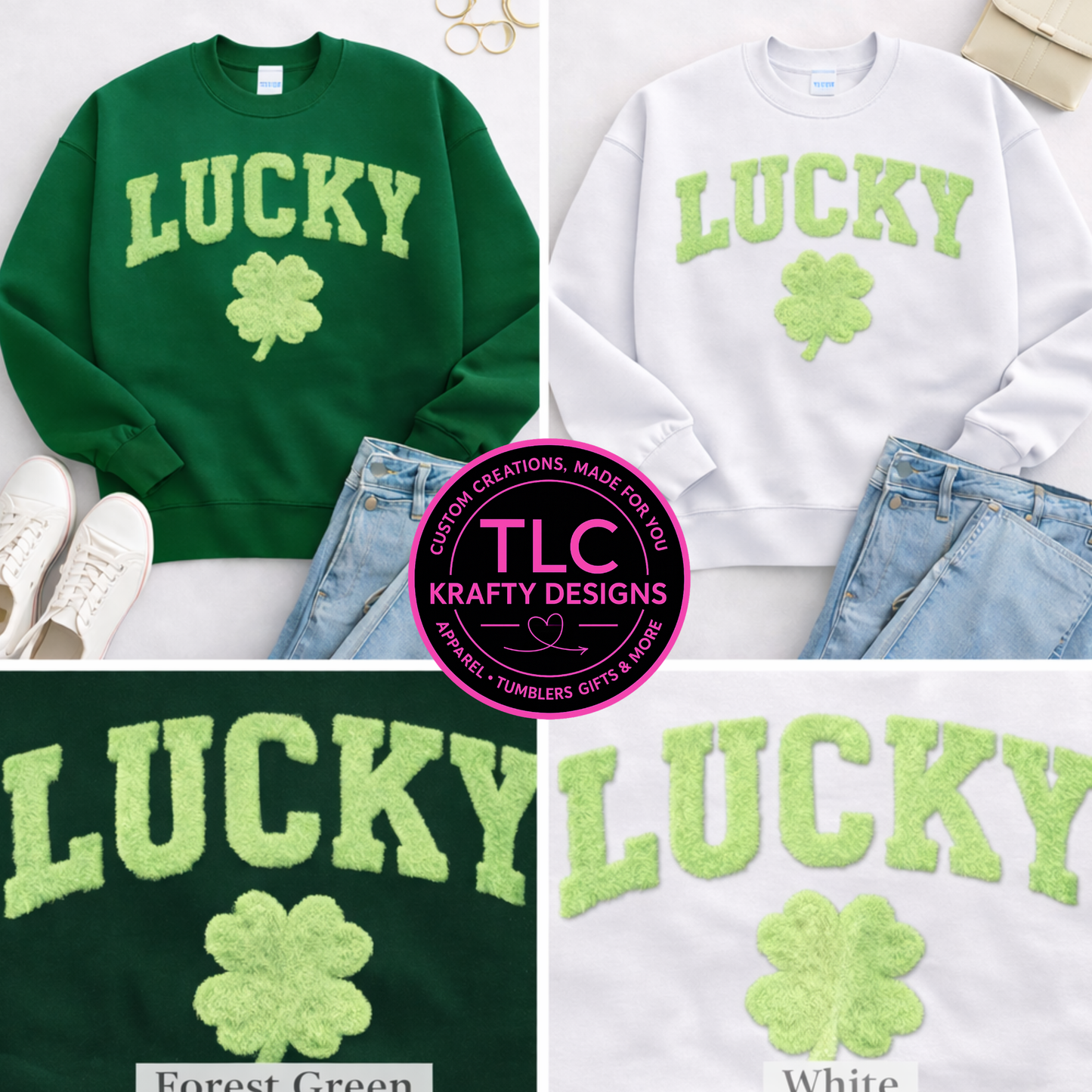 Lucky Clover Fuzzy Chenille Patch Shirt or Sweatshirt – St. Patrick’s Day Apparel CK
