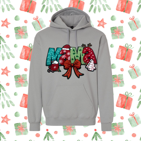 Christmas MAMA Sweatshirt – Festive Holiday Patch with Bow, Cocoa, Santa Hat & Antlers (S–4XL)