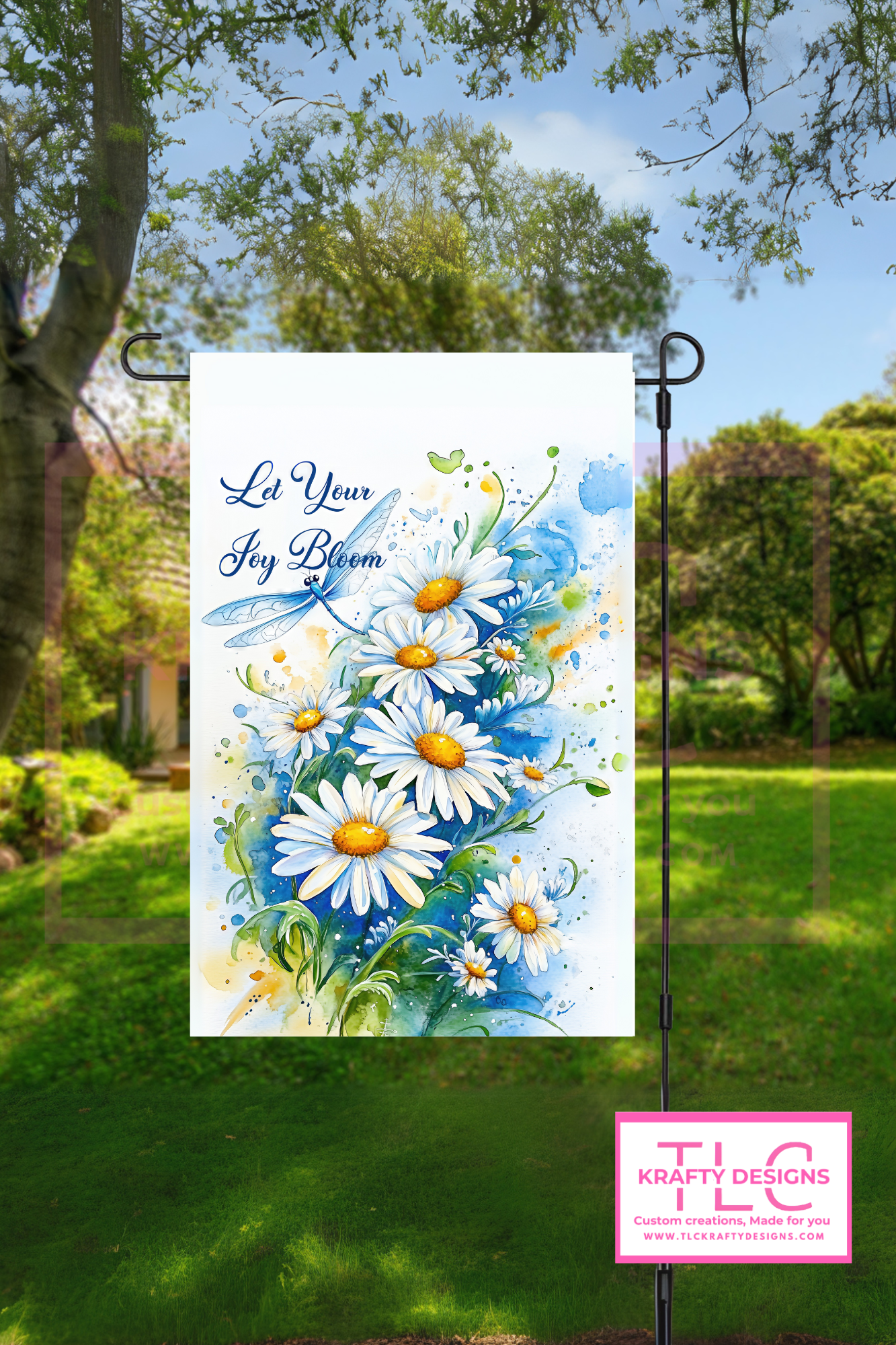 Let Your Joy Bloom Garden Flag – Watercolor Daisy and Dragonfly Outdoor Banner