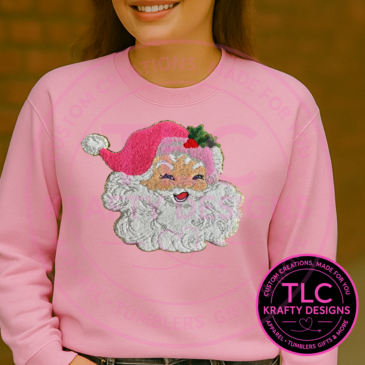 Pink Santa Chenille XL Patch – Vintage Christmas Iron-On Appliqué with Gold Trim | Retro Holiday Santa Patch for Sweatshirts, Jackets & Tote
