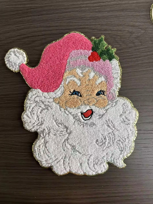 Pink Santa Chenille XL Patch – Vintage Christmas Iron-On Appliqué with Gold Trim | Retro Holiday Santa Patch for Sweatshirts, Jackets & Tote