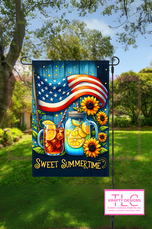 Sweet Summertime Garden Flag – Patriotic Lemonade & Sunflowers Summer Decor