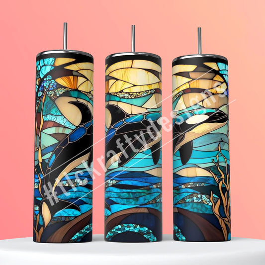 Mesmerizing whale Sublimation 20oz. Skinny tumbler adorned with a stained-glass colored background