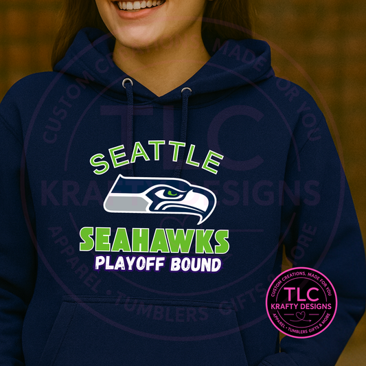 Playoff Bound Large Logo Seattle Football Sweatshirt Green Writing – Football Season Crew Neck or Hoodie CK
