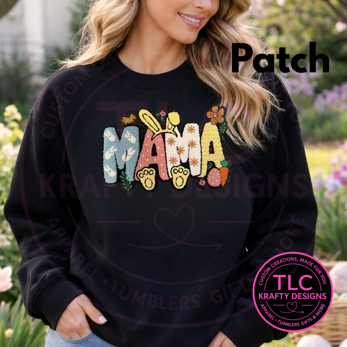 MAMA Chenille Shirt or Sweatshirt – Easter Bunny Mama Top, Spring Floral Chenille Apparel, Cozy Mom Statement Piece