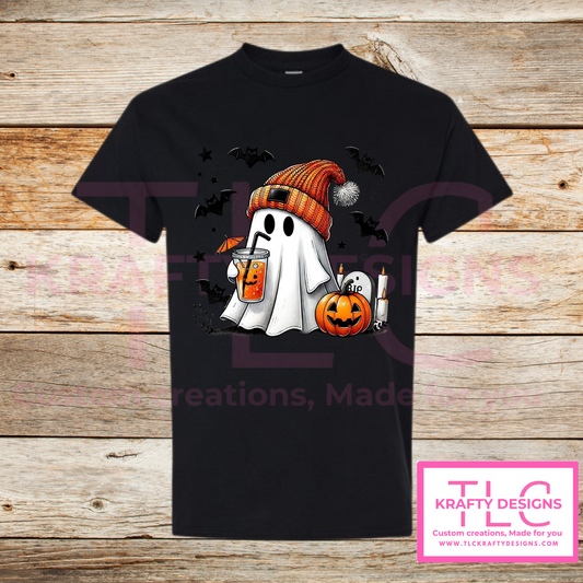 Cozy Ghost Halloween Tee – Fall Drink & Pumpkin Shirt in Fun Colors