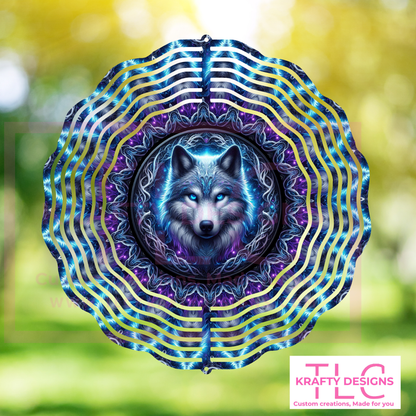 Mystic Wolf 10” Wind Spinner – Glowing Blue Sublimated Metal Garden Art