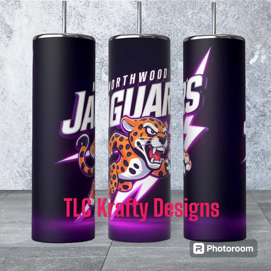 Northwood Middle School Glow in the dark Jaguar’s purple lightening bolt Logo Sublimation 20oz. Skinny tumbler