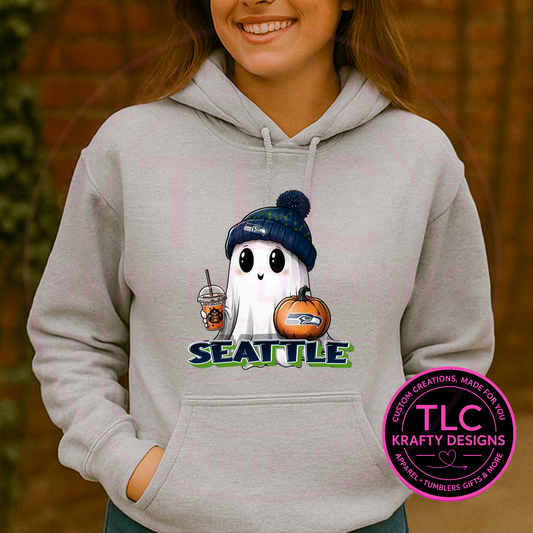 Seattle Ghost Hoodie – Cozy Fall Halloween Sweatshirt with Pumpkin & Coffee Design
