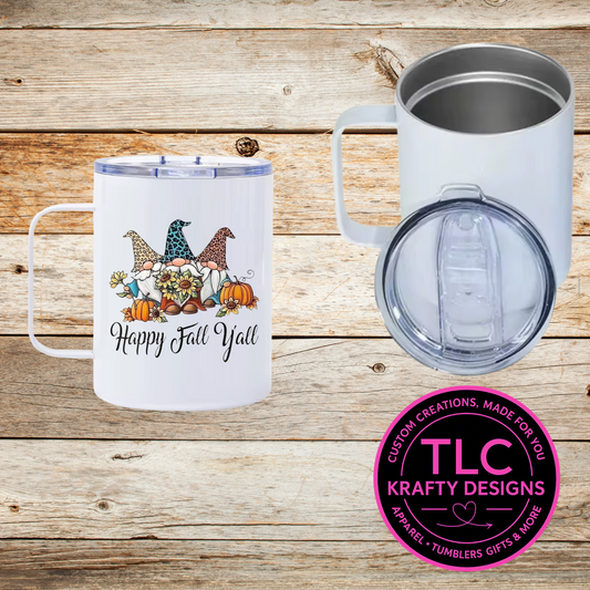 Happy Fall Y’all Mug – 12oz Travel Mug with Lid, Fall Gnome Pumpkin Coffee Cup