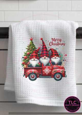 Merry Christmas Red Truck Gnome Towel – Holiday Kitchen Decor with Christmas Tree & Plaid Hats