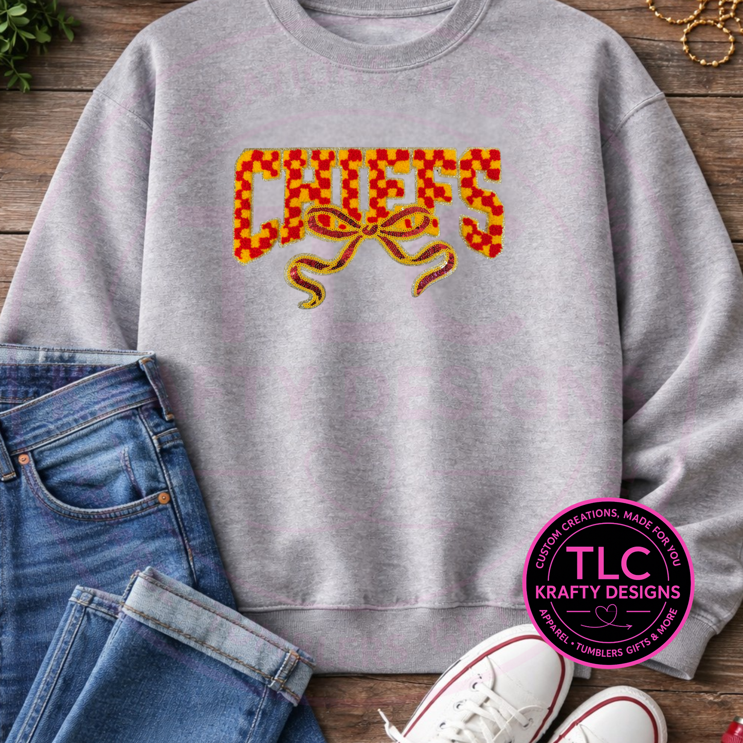 CHIEFS XL Chenille Patch with Spangle Bow | Red and Gold Football Patch | Game Day Iron-On Patch | Jacket Hoodie Patch