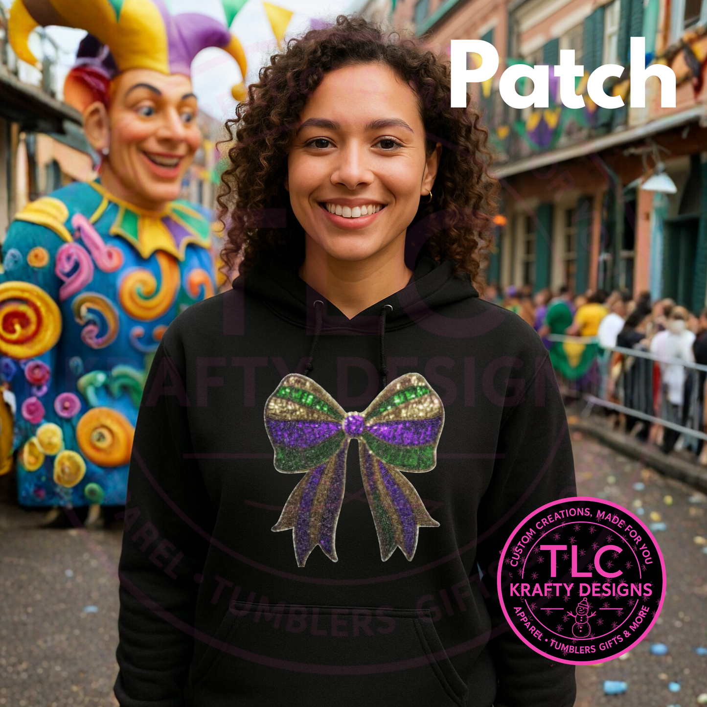 Mardi Gras Bow Patch Sweatshirt – Festive Purple, Green & Gold Chenille Patch