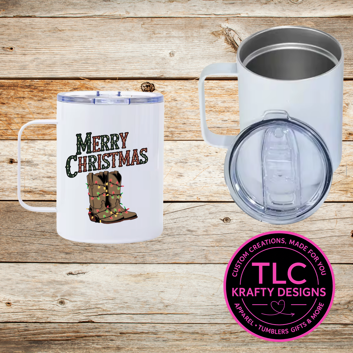 Merry Christmas Mug – 12oz Travel Mug with Lid, Cowboy Boots Holiday Coffee Cup