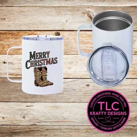 Merry Christmas Mug – 12oz Travel Mug with Lid, Cowboy Boots Holiday Coffee Cup
