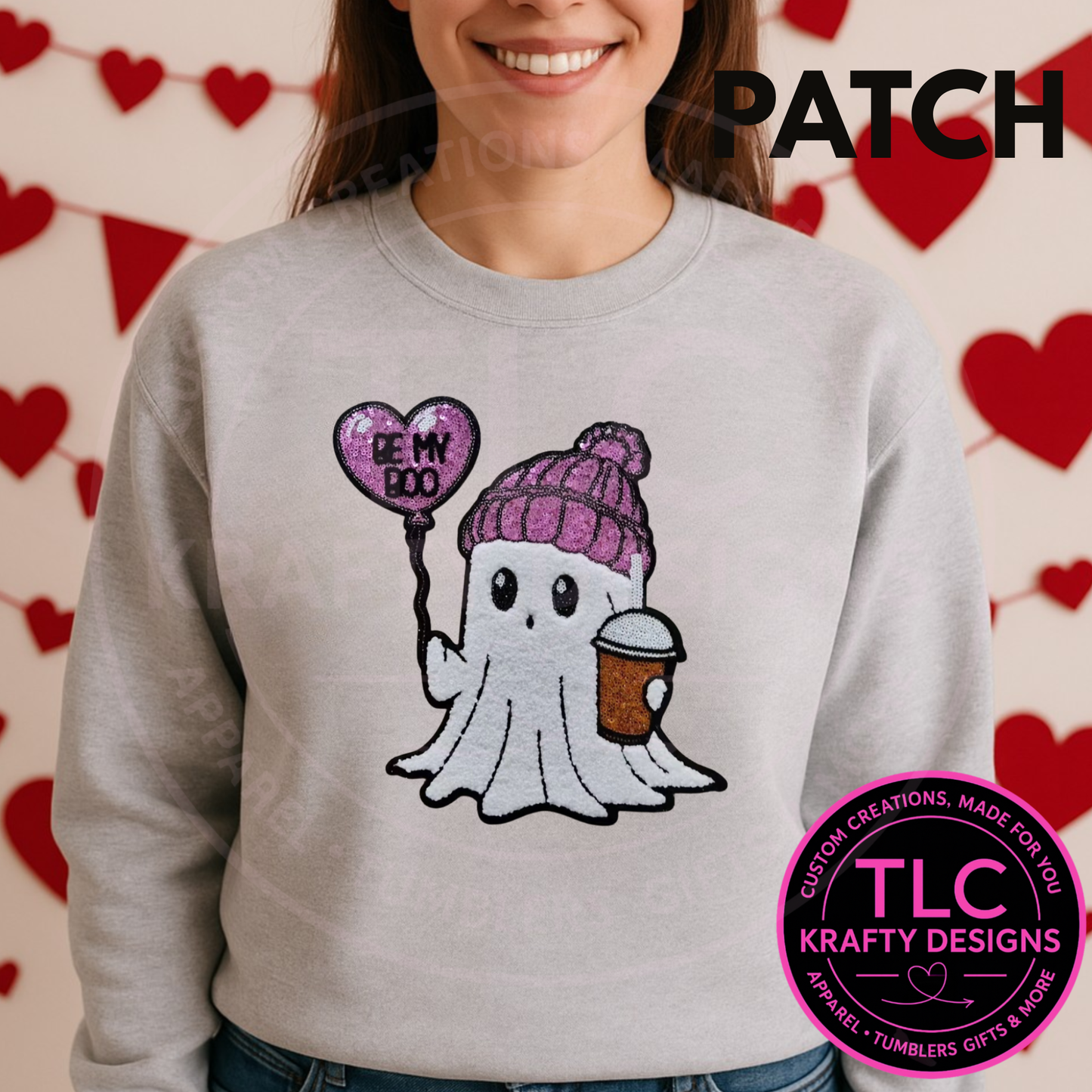 Coffee Valentine Ghost Patch – “BE MY BOO” Coffee Lover Chenille Patch