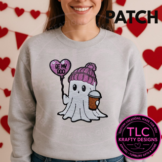 Coffee Valentine Ghost Patch – “BE MY BOO” Coffee Lover Chenille Patch
