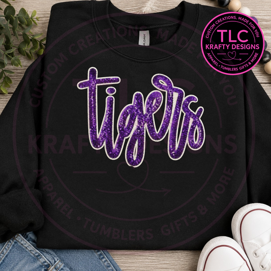 Tigers Sequin Sweatshirt, Purple Tiger Crewneck or Hoodie, School Spirit Game Day Sweatshirt