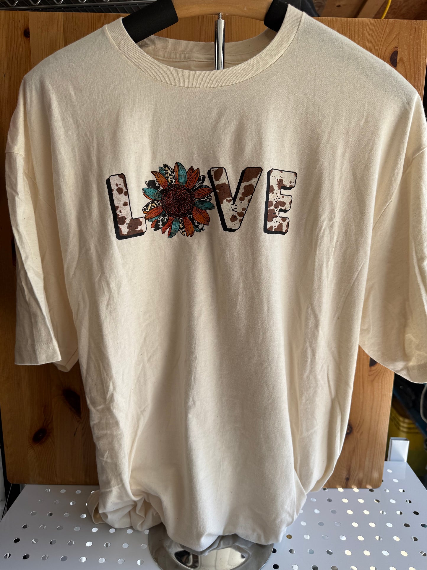 LOVE Sunflower & Cowhide Graphic Tee – Western Boho Style 🌻🤎✨