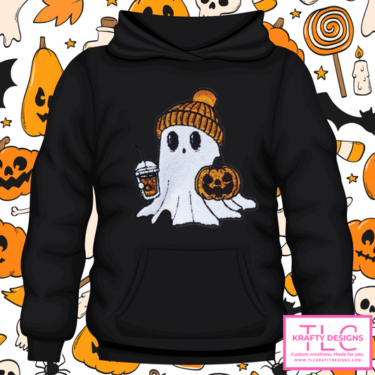 Pumpkin Spice Ghost Sweatshirt – Fall Ghost with Sequin Beanie & Drink (Hoodie or Crewneck)