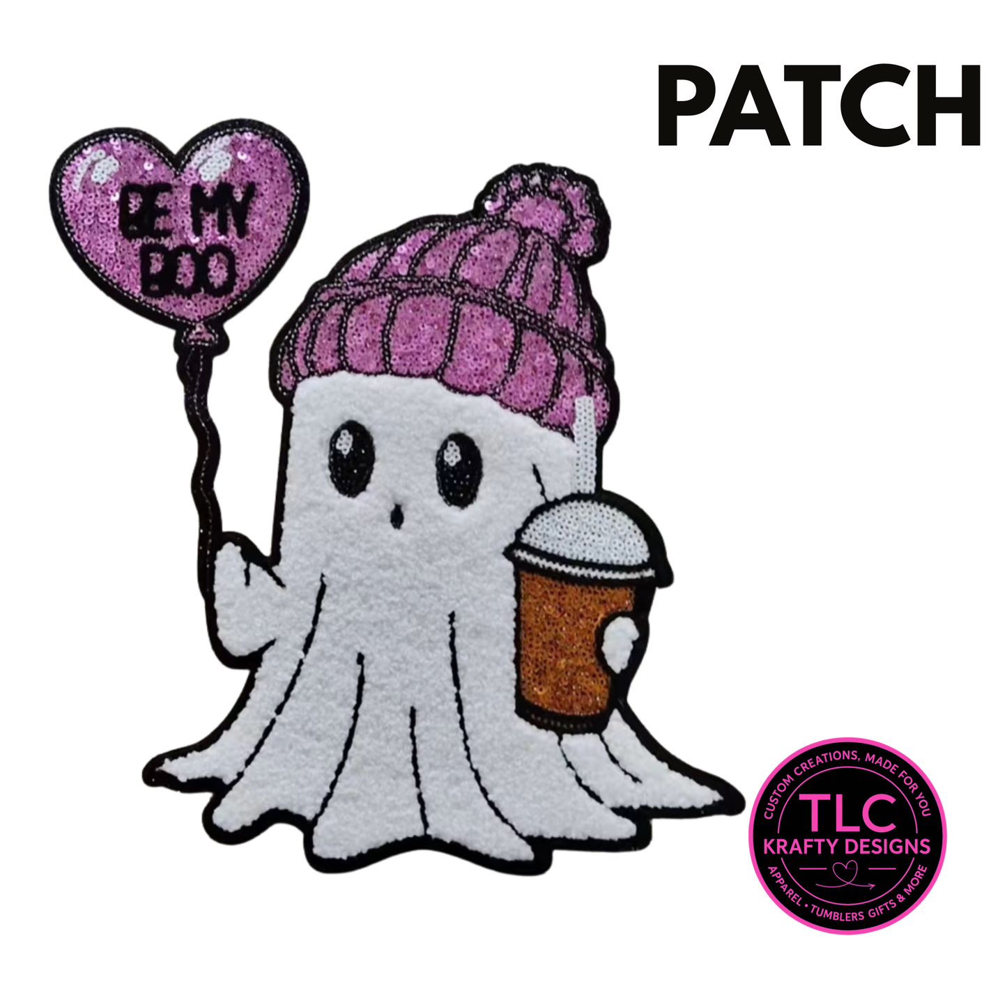 Coffee Valentine Ghost Patch – “BE MY BOO” Coffee Lover Chenille Patch