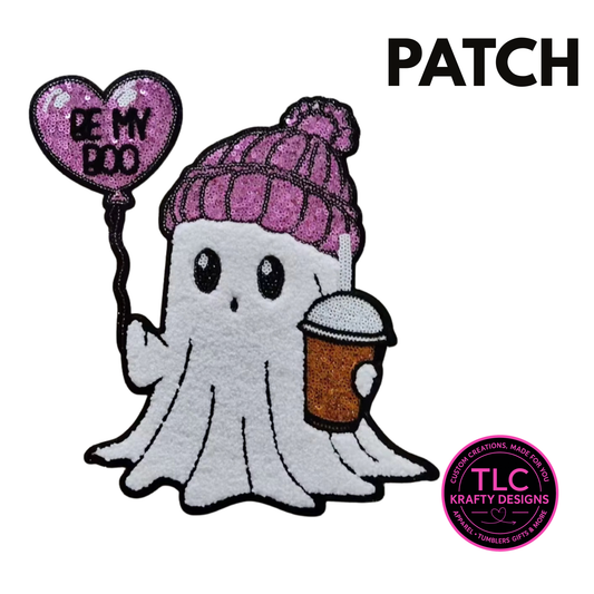 Coffee Valentine Ghost Patch – “BE MY BOO” Coffee Lover Chenille Patch