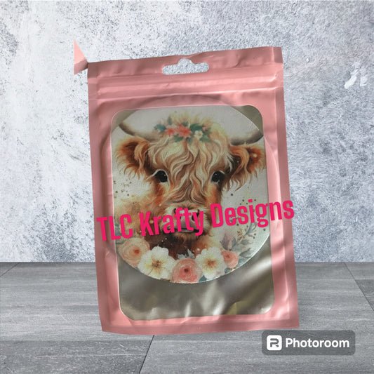 Baby Highland Cow surrounded by pastel flowers Neoprene Coffee Coaster