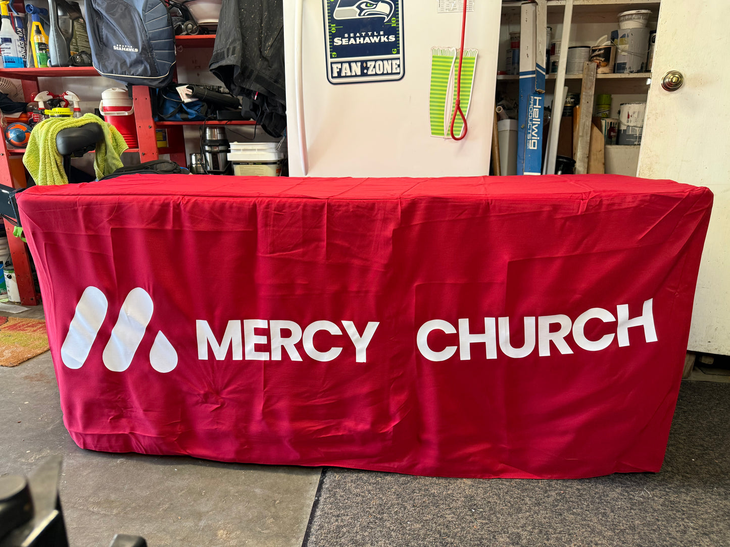 Custom 6’ Two-Sided Table Cover – Mercy Church Branded Event Tablecloth | Full Color Display