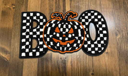 BOO Patch – Halloween Chenille Extra Large Iron-On Patch with Checkered Pumpkin Face