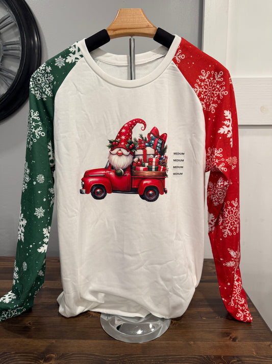 Gnome in Red Truck Christmas Raglan Top – Mismatched Sleeve Holiday Top