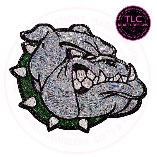Bulldog Chenille Patch XL, Green Collar Bulldog Mascot Patch, Large Bulldog Iron-On Patch for Jackets Hoodies Bags