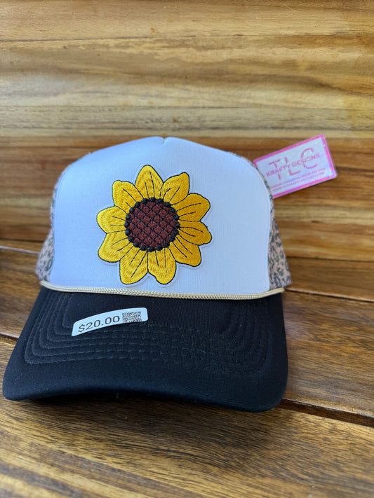 Sunflower Patch Trucker Hat – Black Bill with Leopard Mesh Back