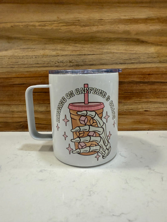 12oz Coffee Mug – Running on Caffeine & Chaos Skeleton Cup Design