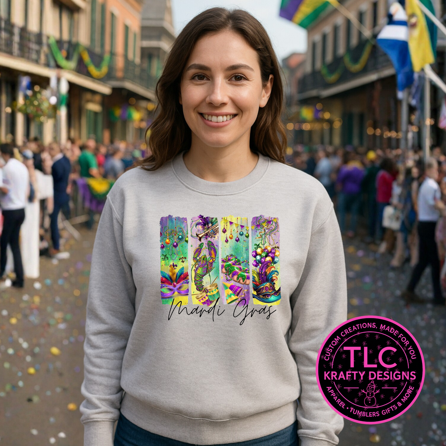 Mardi Gras Graphic Shirt or Sweatshirt – Festive Purple, Green & Gold Design