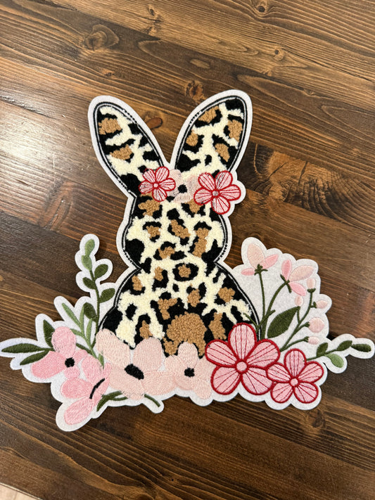 Leopard Bunny Chenille Patch | Easter Bunny Patch with Flowers | Spring Iron On Patch | Statement Jacket Tote Patch