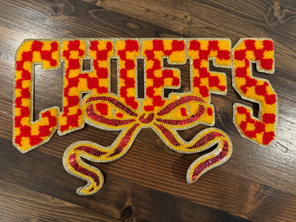 CHIEFS XL Chenille Patch with Spangle Bow | Red and Gold Football Patch | Game Day Iron-On Patch | Jacket Hoodie Patch