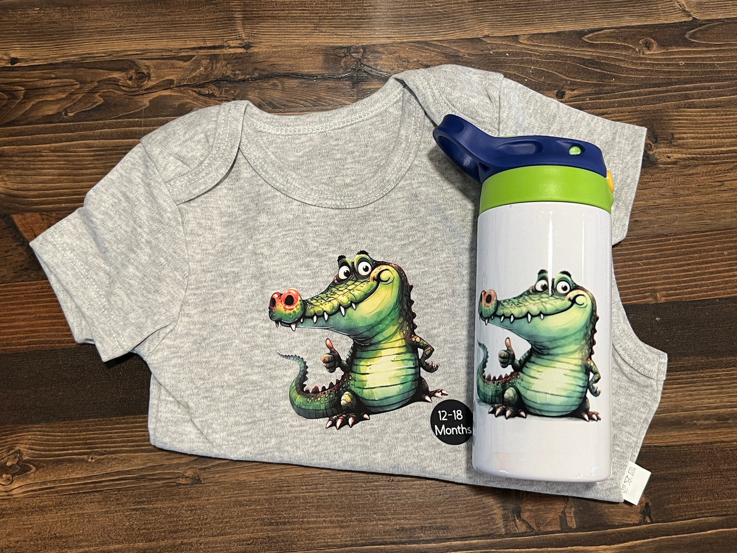 Adorable Aligator 12-18 Month Onesie and Flip Top Tumbler Set