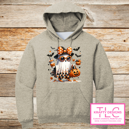 Girly Halloween Ghost Sweatshirt – Cute Fall Ghost with Coffee, Bats, and Pumpkins | Spooky Season Sweatshirt