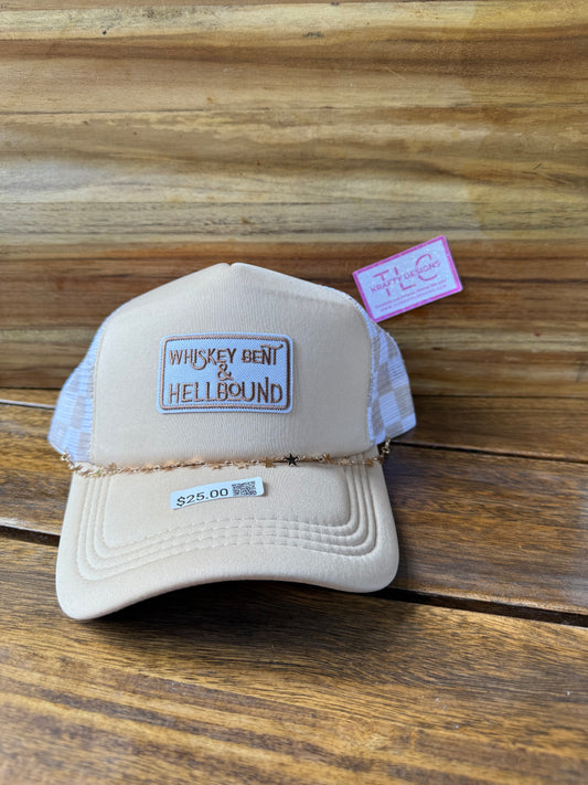 Whiskey Bent & Hellbound Trucker Hat – Tan & White with Star Chain Accent