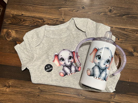 Adorable Elephant 6-9 Month Onesie and Sippy Cup Set