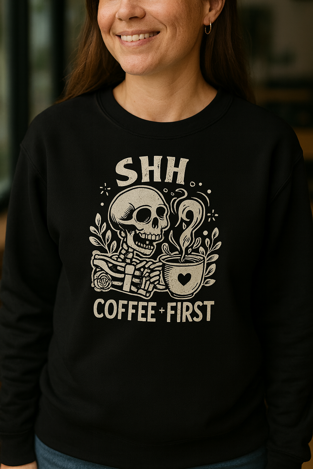 Shh… Coffee First Hoodie – Funny Skeleton Coffee Lover Pullover