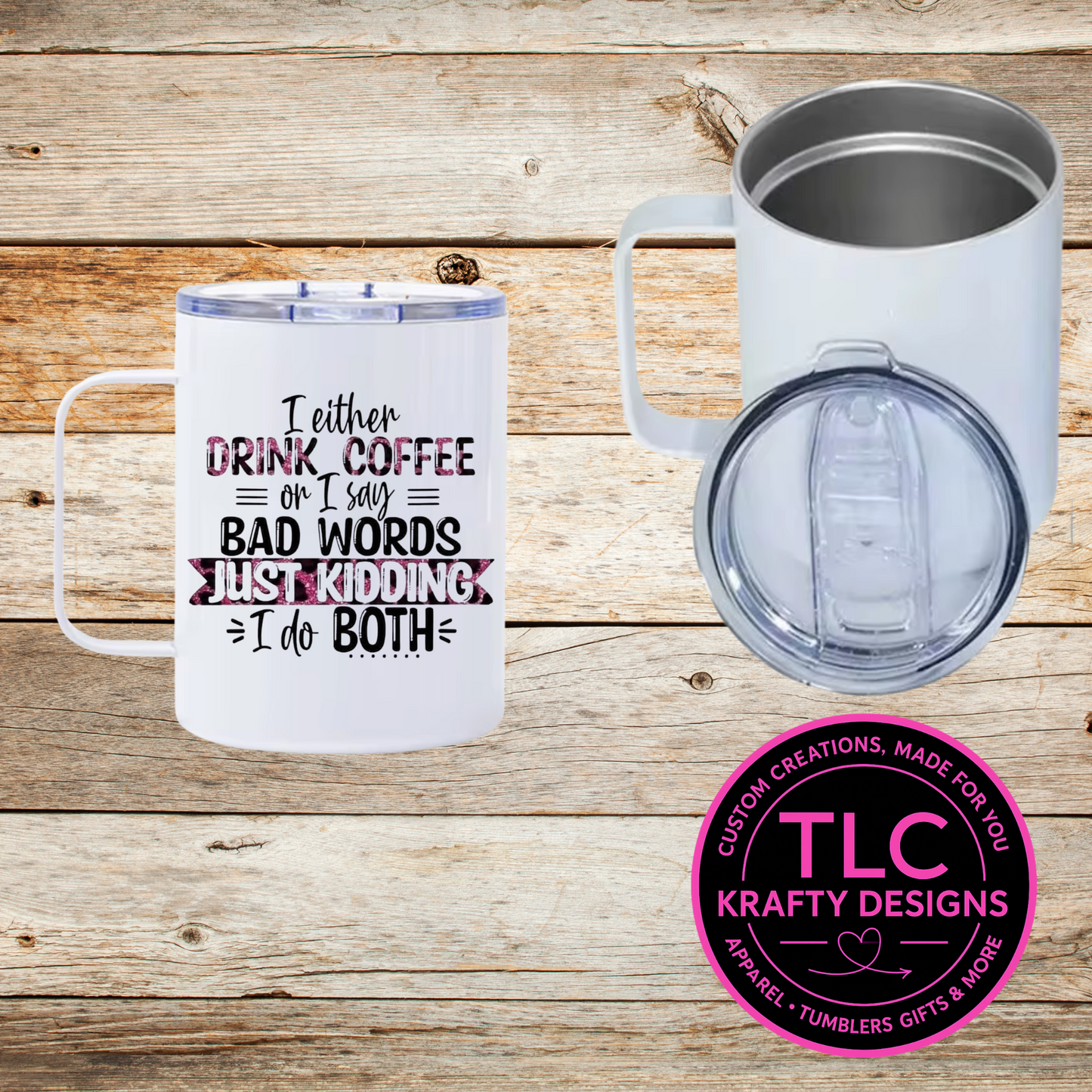 Coffee and Bad Words Mug – 12oz Travel Mug with Lid, Funny Sarcastic Coffee Cup