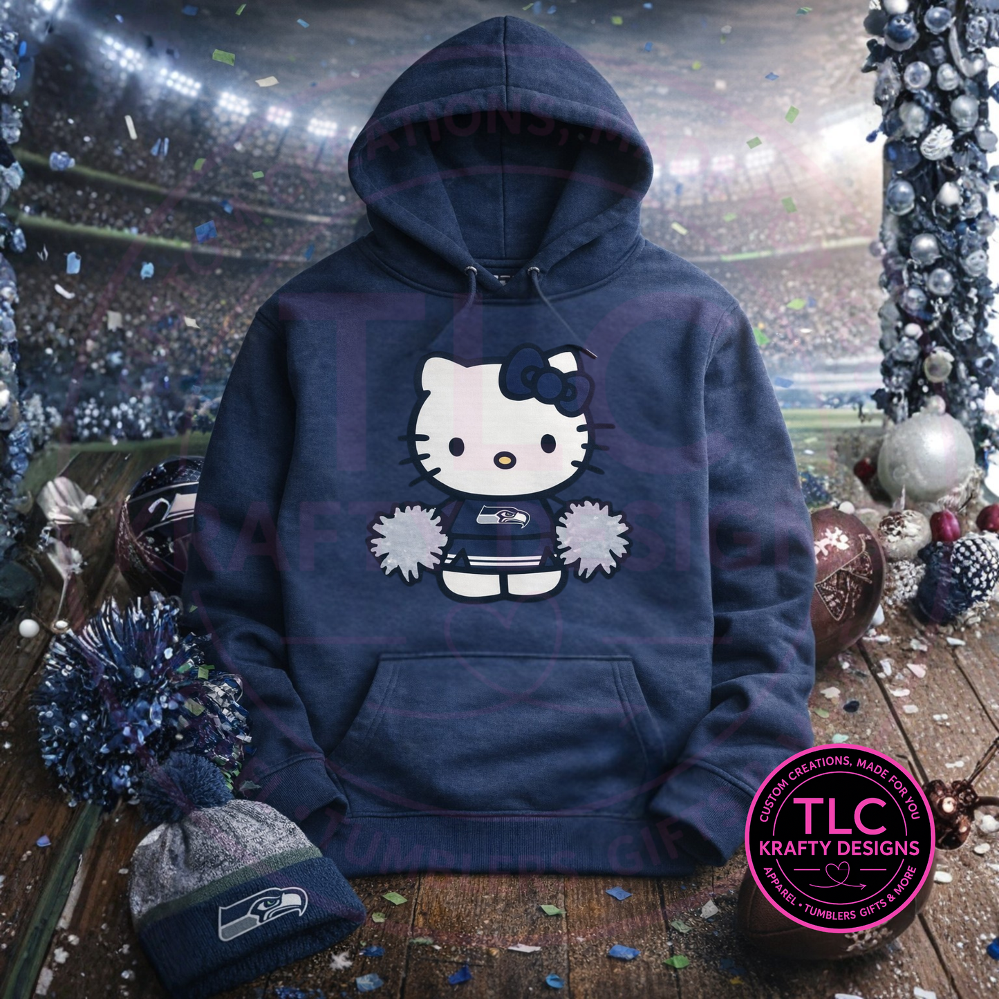 Navy blue hoodie with Hello Kitty design on a sports-themed background