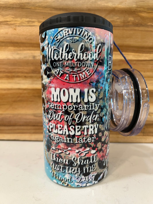 Surviving Motherhood One Meltdown at a time 16oz. 4 in 1 Can/Bottle Cooler