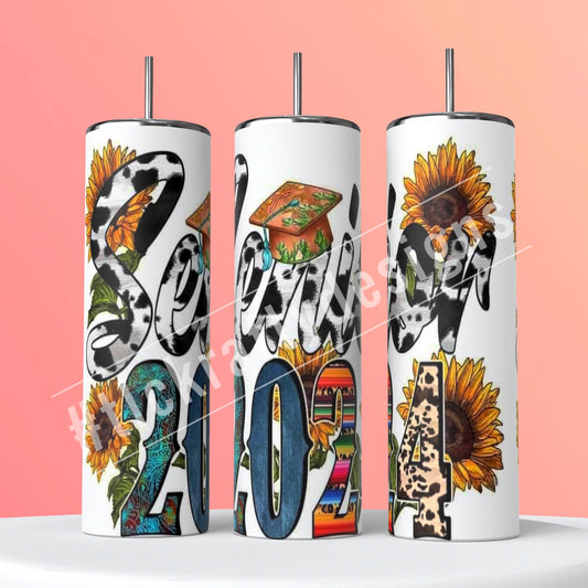 Celebratory sublimation tumbler boasting "Class of 2024" in stylish cow print 20oz Skinny Stainless Steel Tumbler