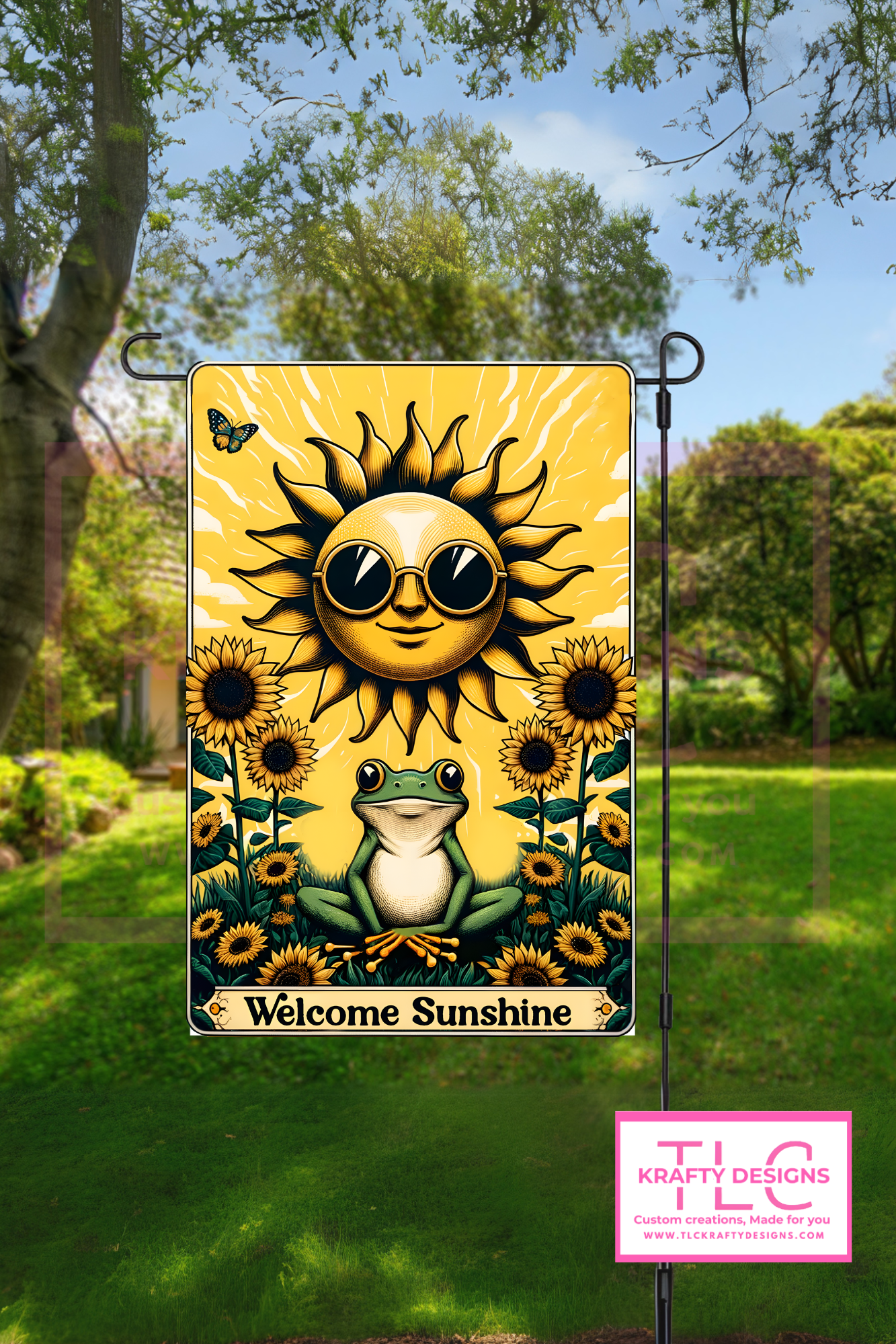 Welcome Sunshine Garden Flag – Retro Sun, Frog, and Sunflowers Outdoor Banner