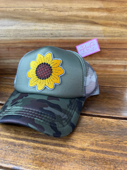 Sunflower Trucker Hat – Olive Green and Camo with Mesh Back