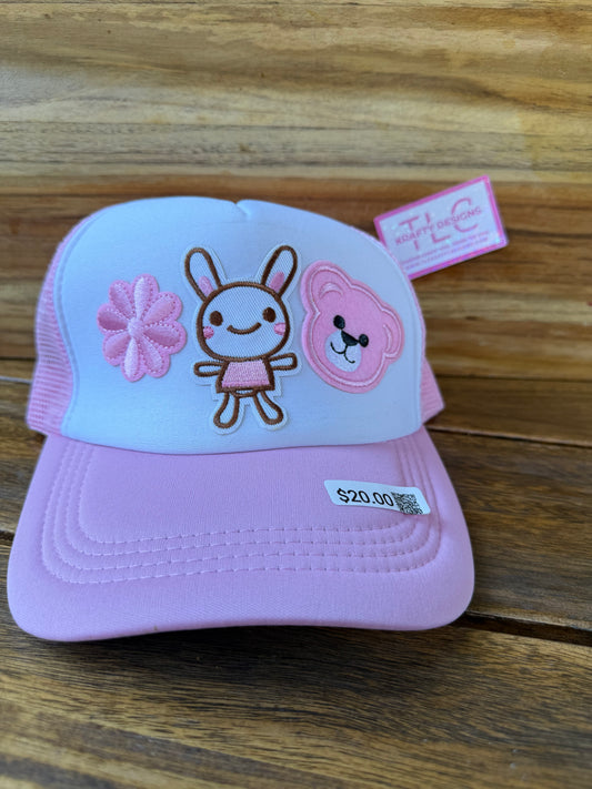 Pink Trucker Hat – Cute Bunny, Flower & Bear Embroidered Patch Design